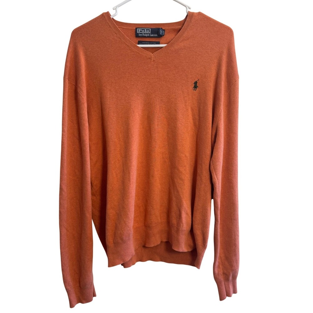 Polo Ralph Lauren Mens Orange 100 Pima Cotton V-Neck Sweater Large Pony Logo